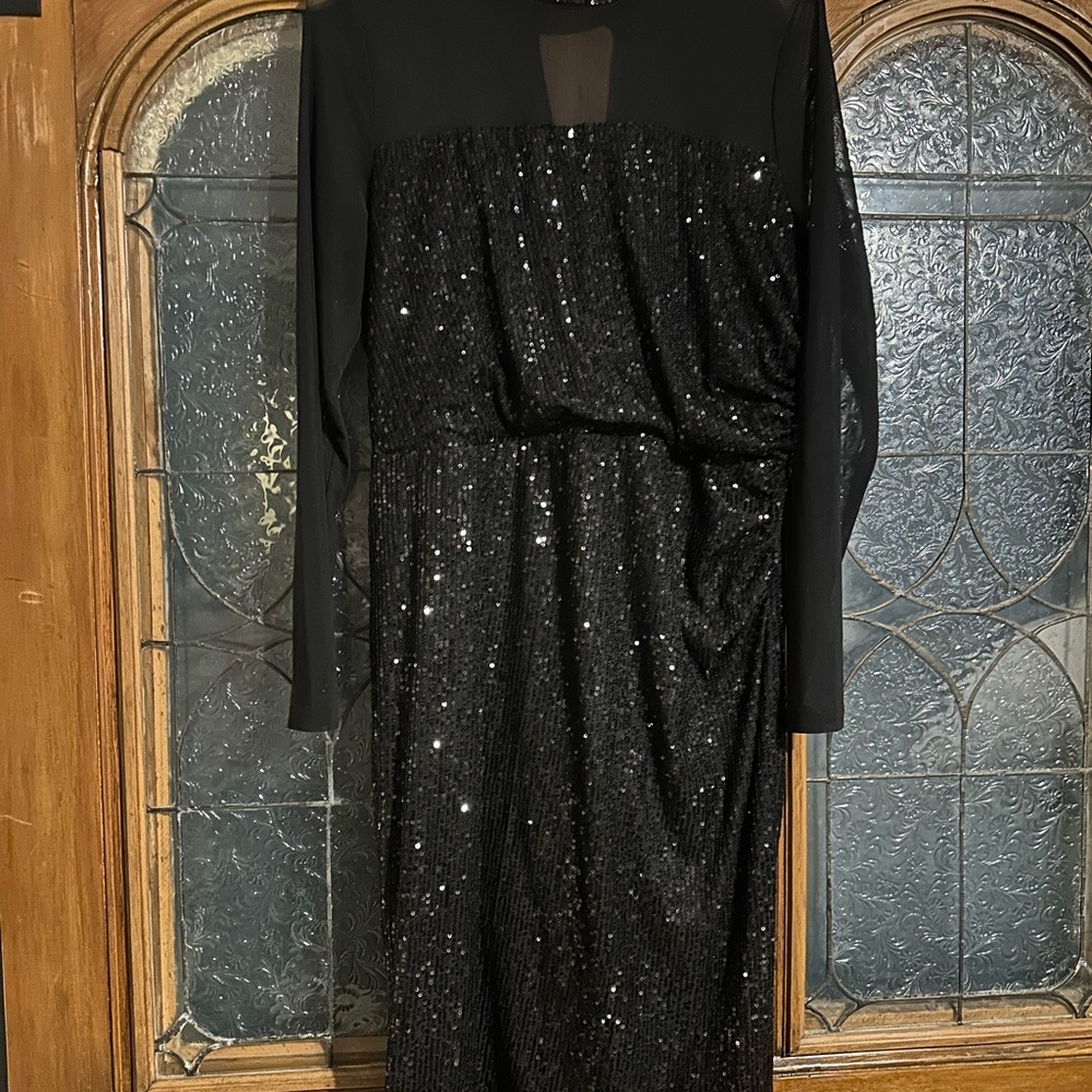Le Chateau Black Sequin Long Sheer Sleeve Dress